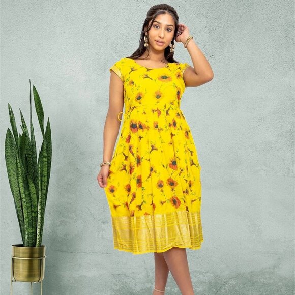 Elegant Yellow Silk Knee-Length Dress | Muvvas Boutique - Picture 1 of 6
